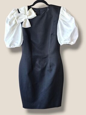 1980's Black and White Puff-Sleeve Bow Dress